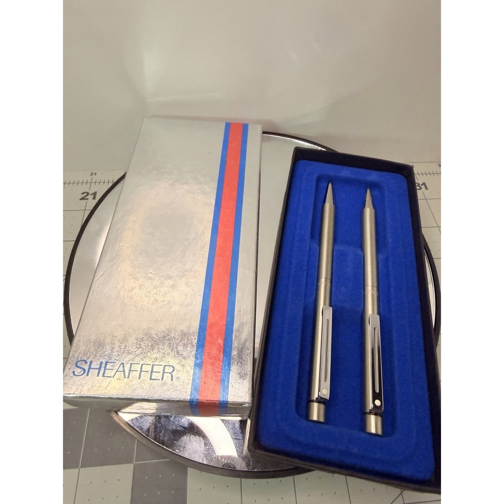Vintage SHEAFFER White Dot Pen & Pencil Set Chrome Click Clip Blue Ink w/ Box